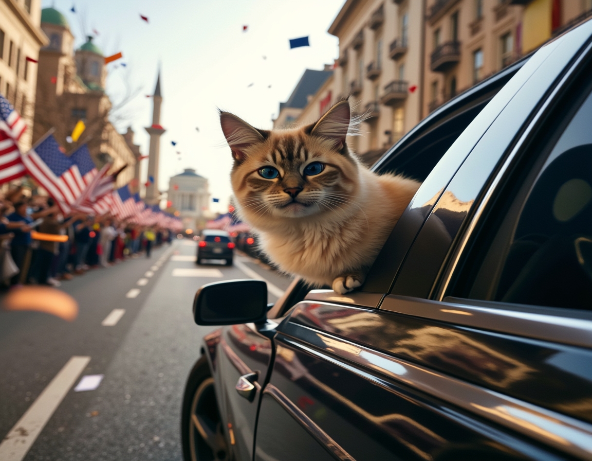 Cat in a celebratory motorcade, enjoying the confetti and cheering crowds during the inauguration parade.